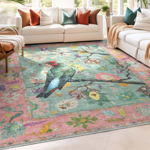 Well Woven Apollo Botanical Floral Flat-Weave Rug for Living Room Dining Room Bedroom Kitchen Birds Green Multi / Rectangular / 5'3" x 7'3"